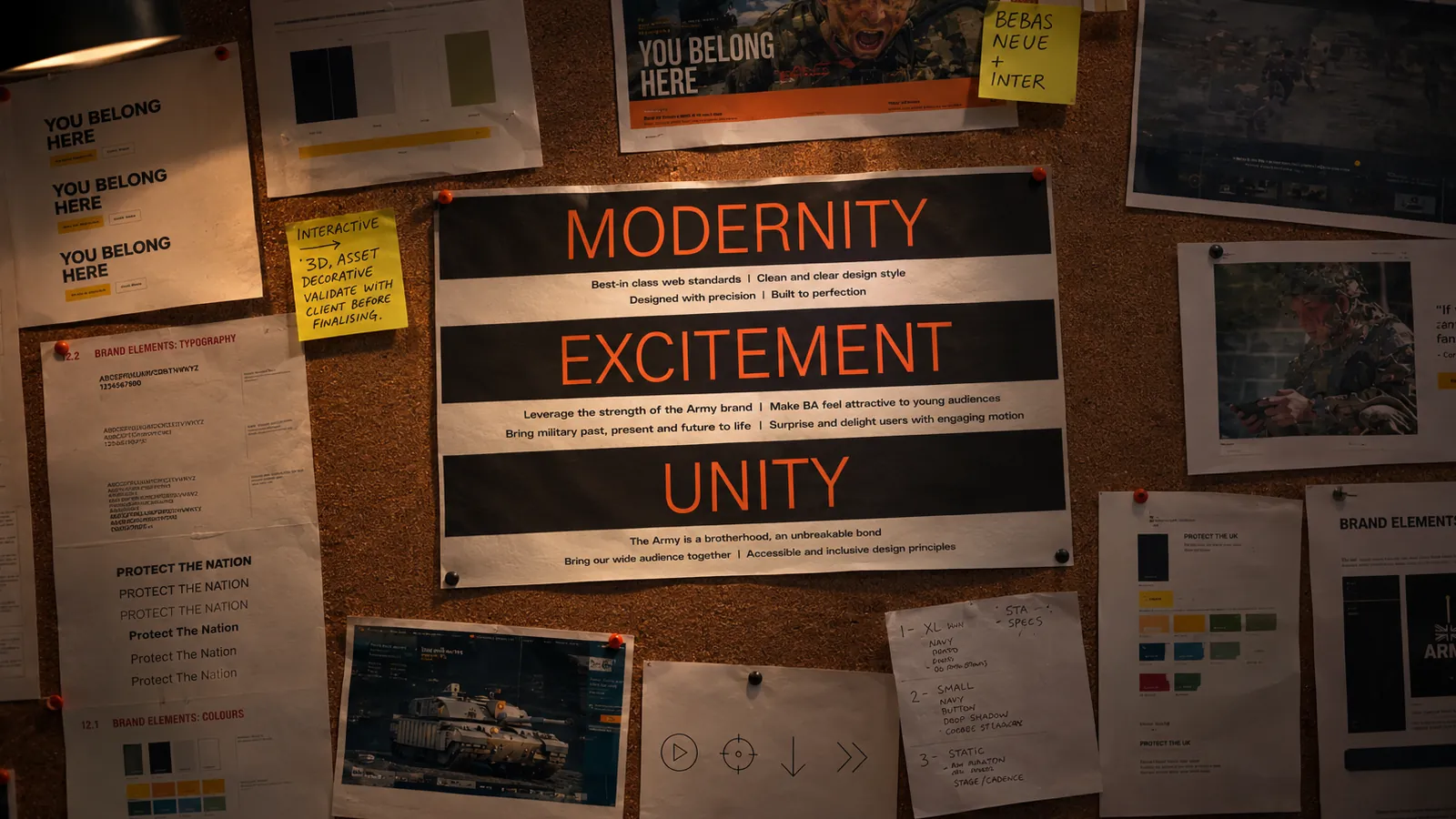 Research wall pinned with the three guiding principles: Modernity, Excitement and Unity