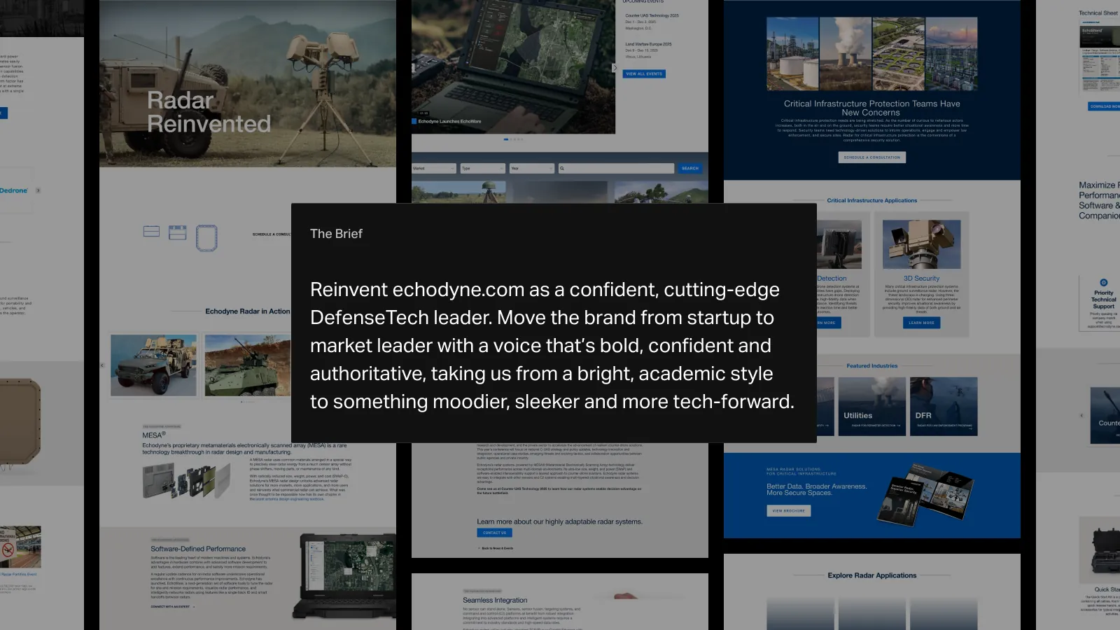 Echodyne website pages arranged around the project brief