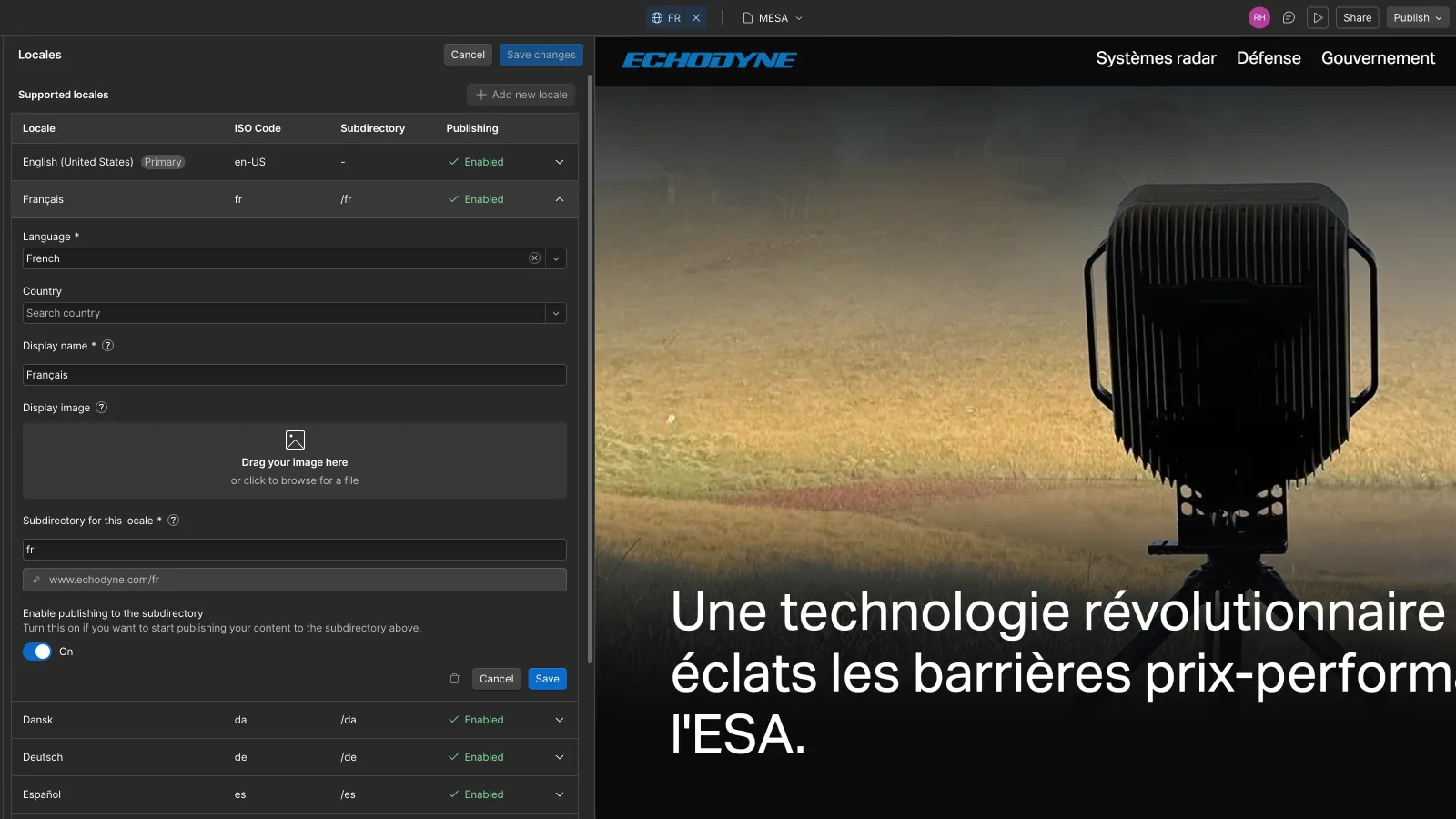 Webflow localisation settings beside the French version of the Echodyne website