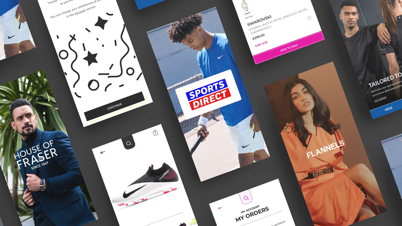 App screens across Frasers Group brands, including Sports Direct, House of Fraser and Flannels