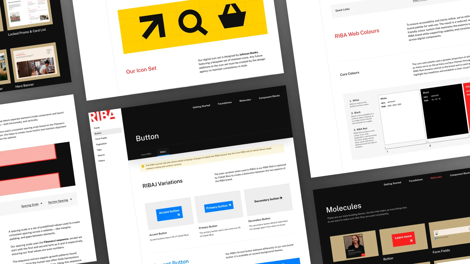 RIBA design system components, including buttons, icons and colour palettes